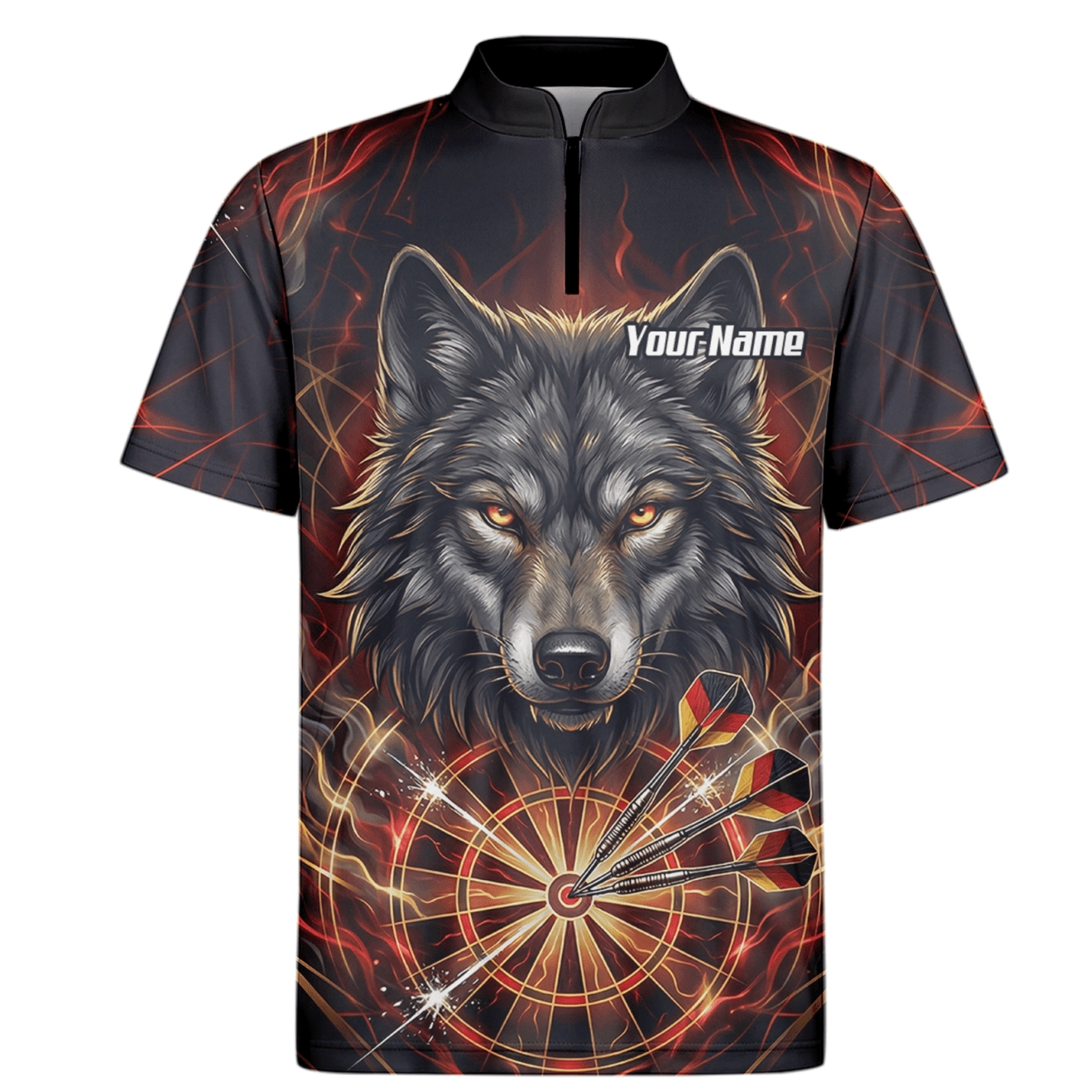 Dart Trikot Herren – Wolf & Dartboard Motiv Schwarz Rot Flammen X2698 - Outfitsuche