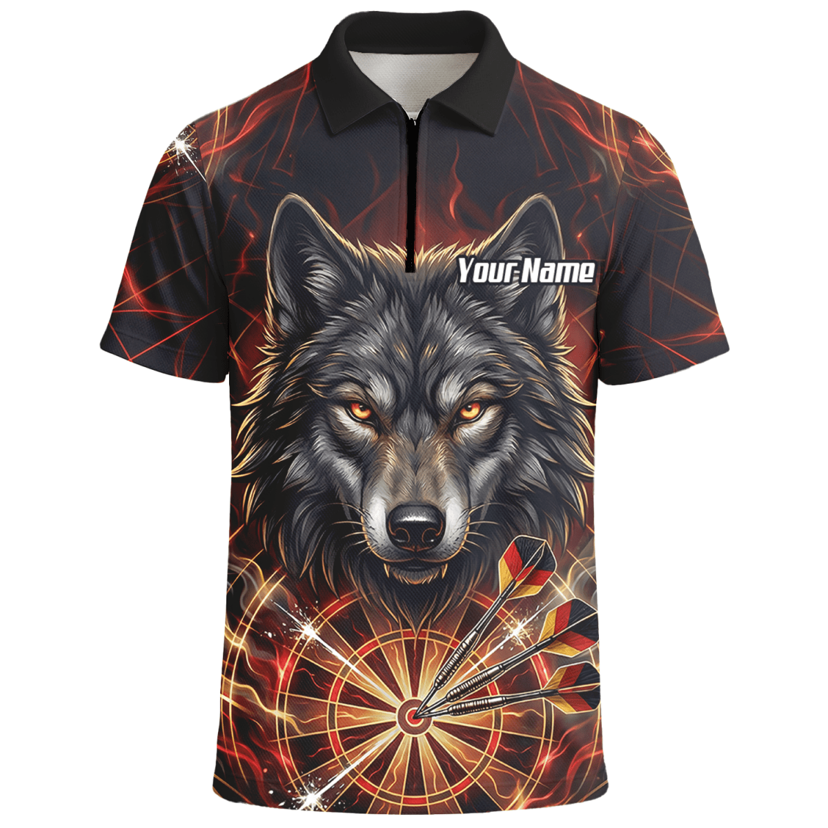Dart Trikot Herren – Wolf & Dartboard Motiv Schwarz Rot Flammen X2698 - Outfitsuche