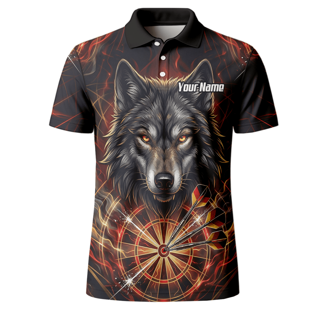 Dart Trikot Herren – Wolf & Dartboard Motiv Schwarz Rot Flammen X2698 - Outfitsuche