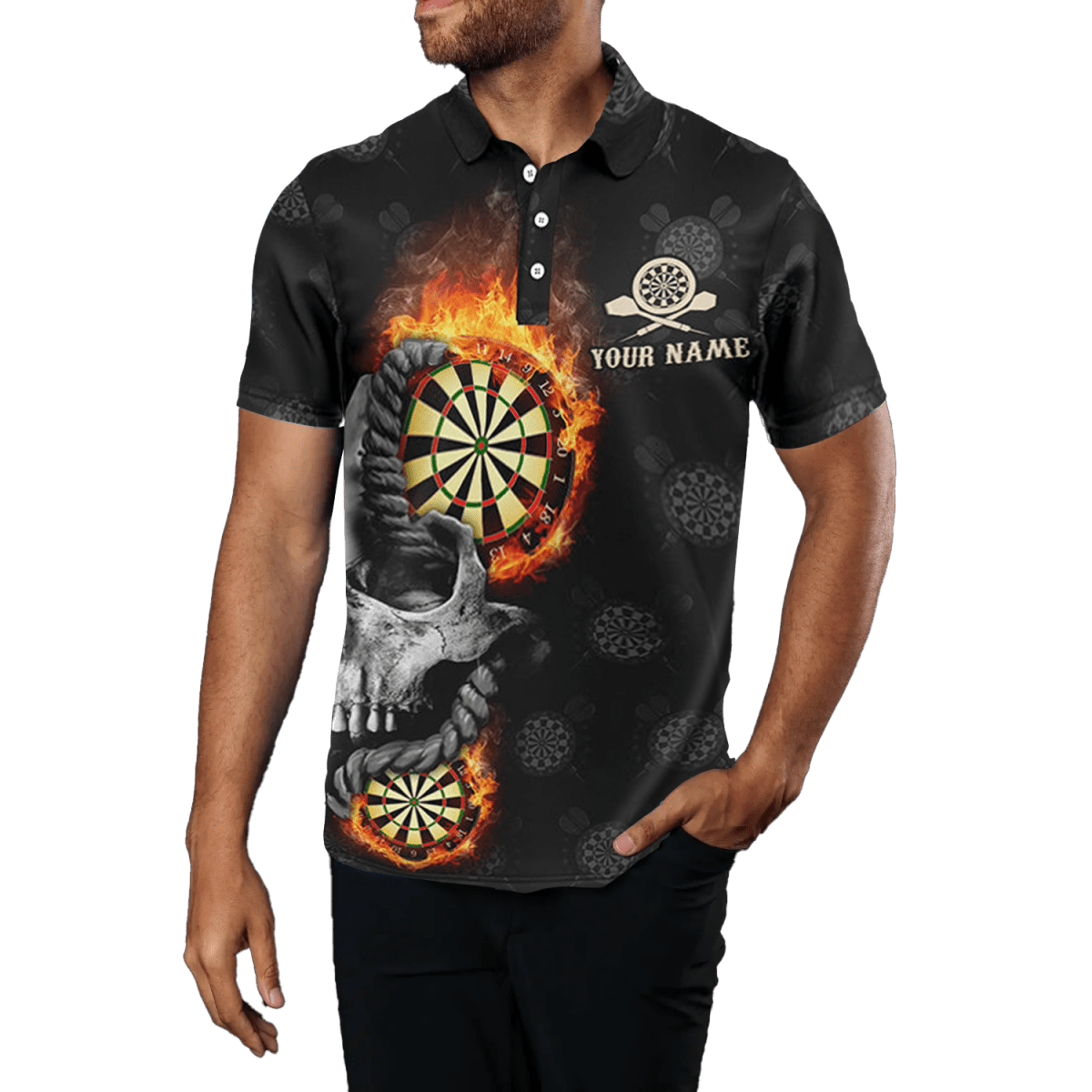 Darts Polo Shirt für Herren, Flammen Totenkopf Design, verrücktes Trikot in Schwarz J2483 - Outfitsuche