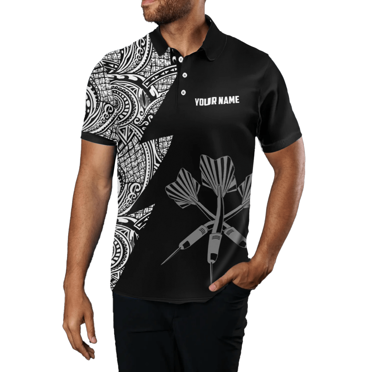 Darts Polo Shirt Schwarz - Weiß mit Blitz - Tribal - Muster, Herren D896 - Outfitsuche