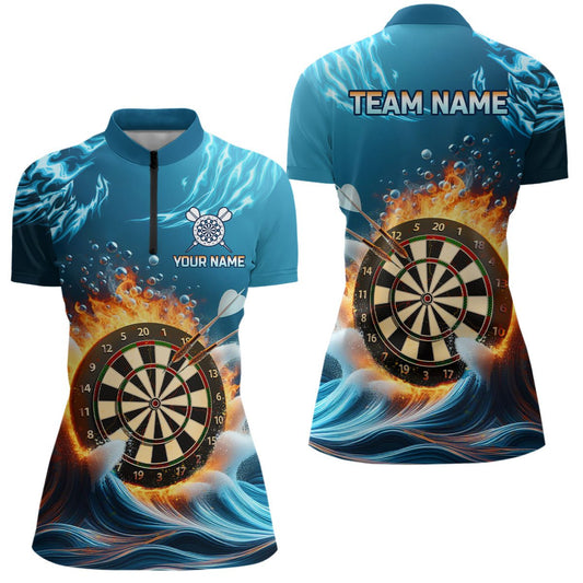 Feuer und Wasser Blaue Darts Quarter Zip Shirt - Personalisiertes Darts Shirt für Damen - Dart Team Trikots L1427 - Outfitsuche