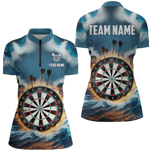 Feuer und Wasser Blaue Darts Viertelreißverschluss-Shirt - Personalisiertes Darts-Shirt für Damen - Dart Trikots L1431 - Outfitsuche