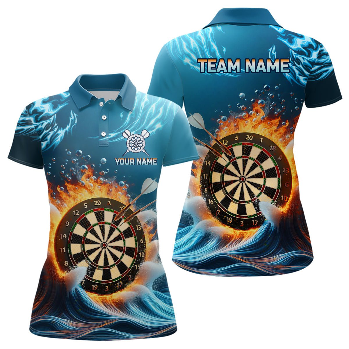 Feuer und Wasser Blaues Damen Darts Polo Shirt | Personalisiertes Darts Shirt für Frauen | Dart Trikots | L1427 - Outfitsuche