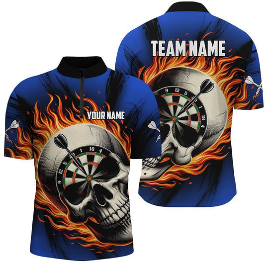 Flammender Dart Schädel Herren Quarter-Zip Shirt | Personalisierte Dartshirts für Team Dart Trikots | Blau T1219 - Outfitsuche