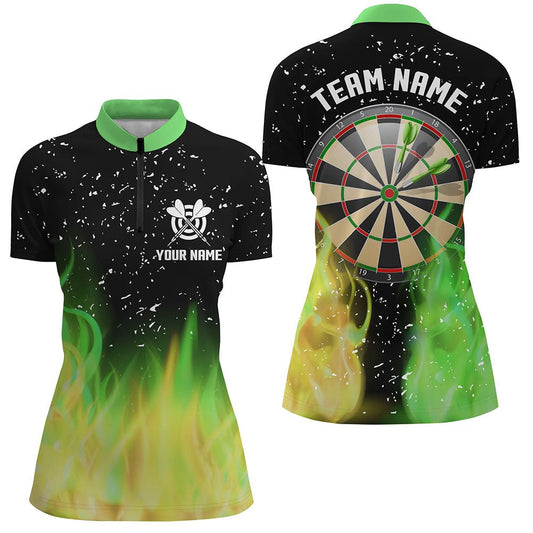 Grüne und Gelbe Feuer-Dartboard Damen Darts Viertel-Zip Shirts - Personalisierte Dart Trikots für Team T1211 - Outfitsuche