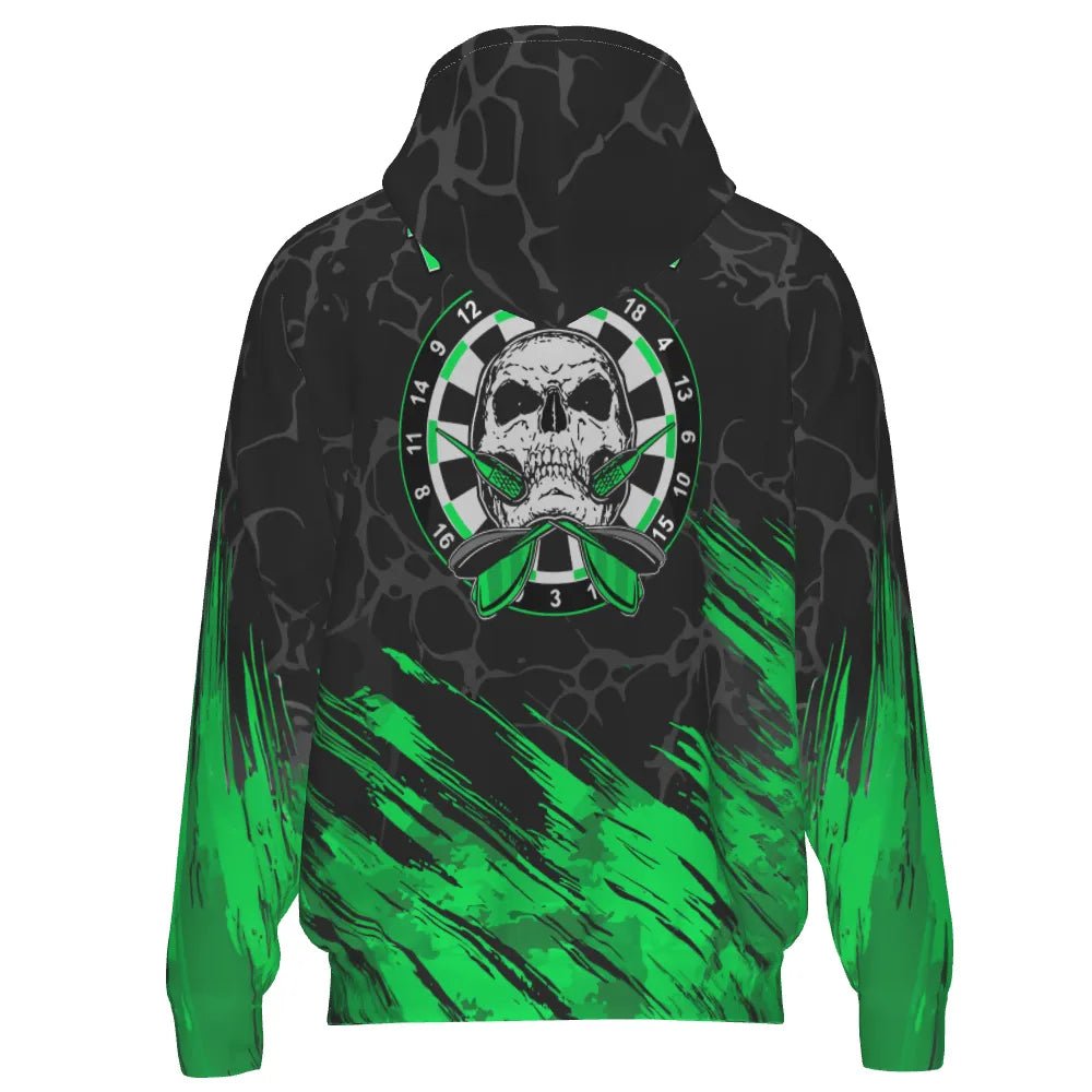 Grüner/Schwarzer Skull Darts Hoodie mit Reißverschluss – Stilvoll und Bequem für Dartfans t6853 - Outfitsuche