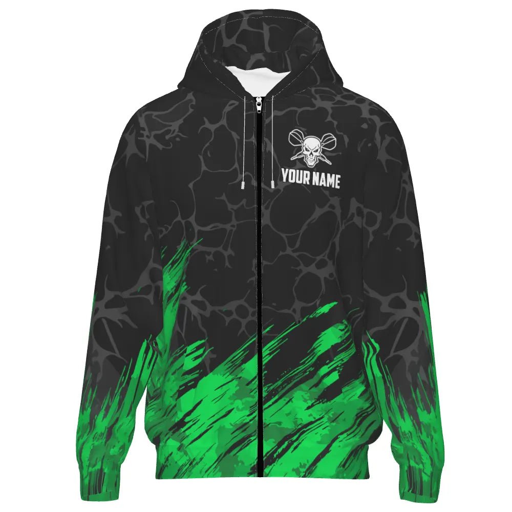 Grüner/Schwarzer Skull Darts Hoodie mit Reißverschluss – Stilvoll und Bequem für Dartfans t6853 - Outfitsuche