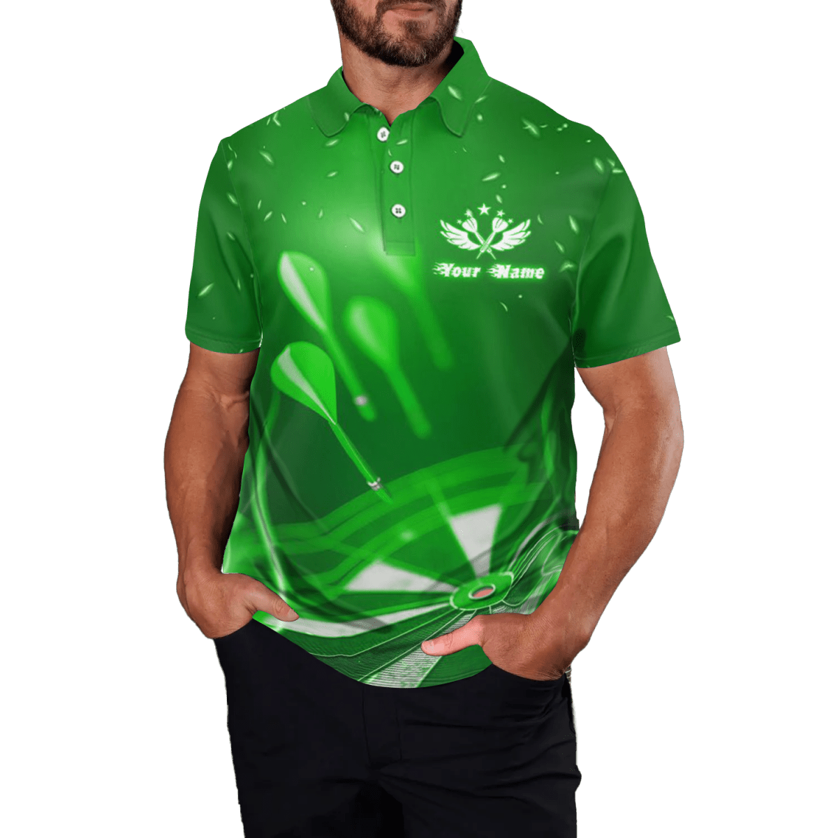 Grünes Dartspoloshirt für Herren mit Flammenstern L1376 - Outfitsuche