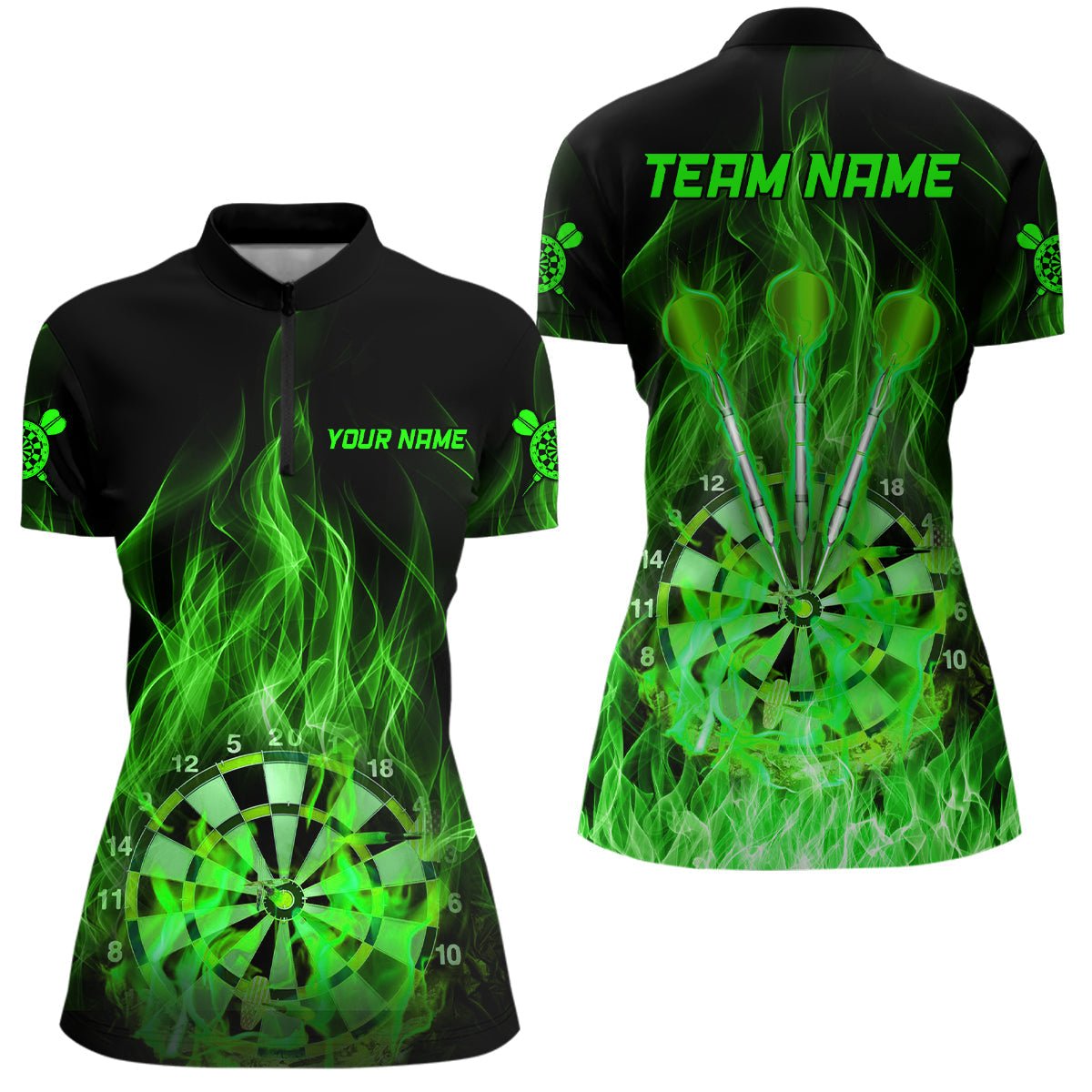 Grünes Feuerflammen Damen Darts Viertelreißverschluss-Shirt | Personalisierte Dartshirts für Frauen | Darttrikots | L1326 - Outfitsuche