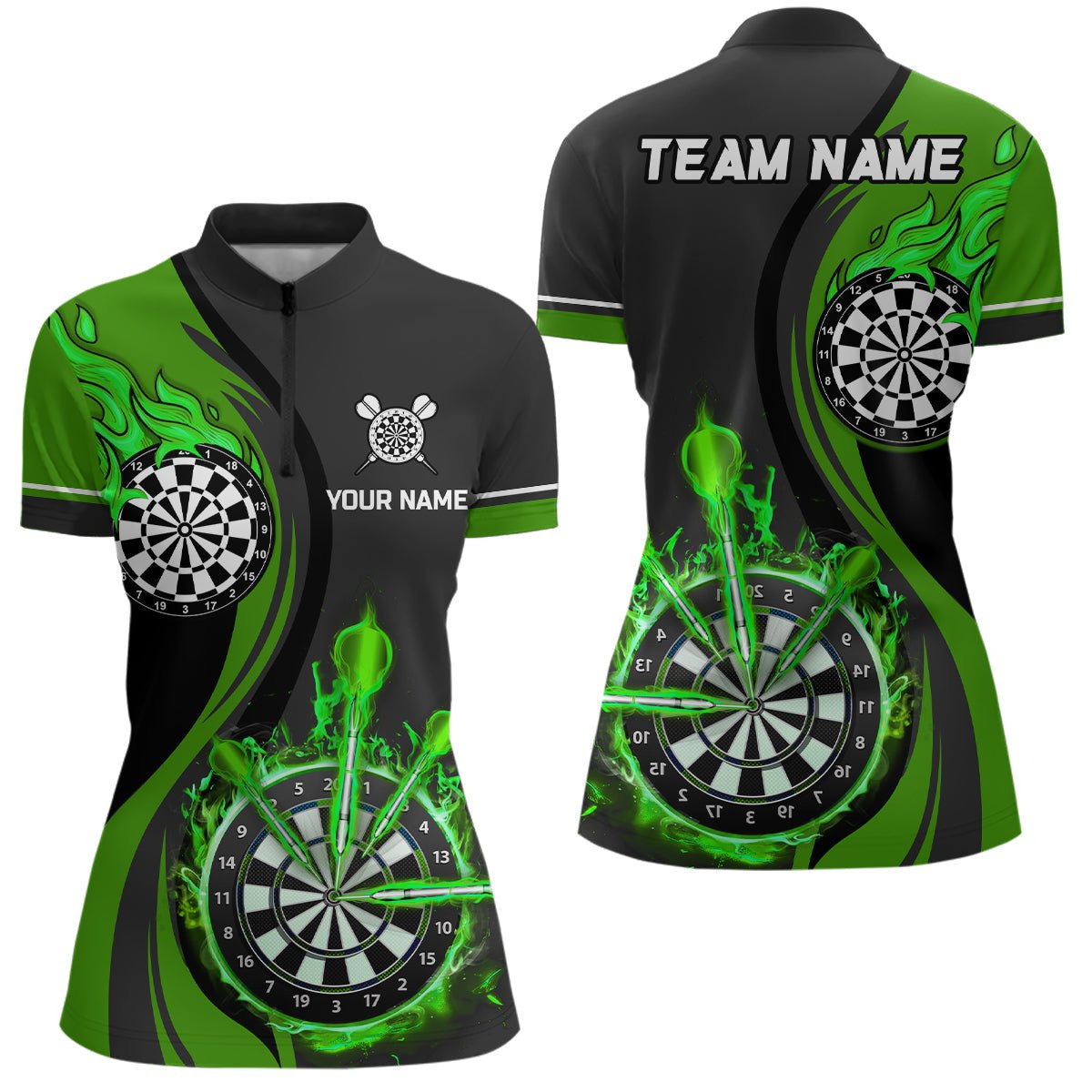 Grünes Feuerflammen Damen Darts Viertelreißverschluss-Shirt | Personalisierte Dartshirts für Frauen | Darttrikots | L1476 - Outfitsuche