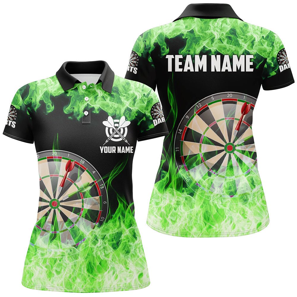 Grünes Feuerflammen-Dartboard Damen-Dart-Poloshirts | Individuelle Dartshirts für Frauen | Team-Darttrikots | T1228 - Outfitsuche