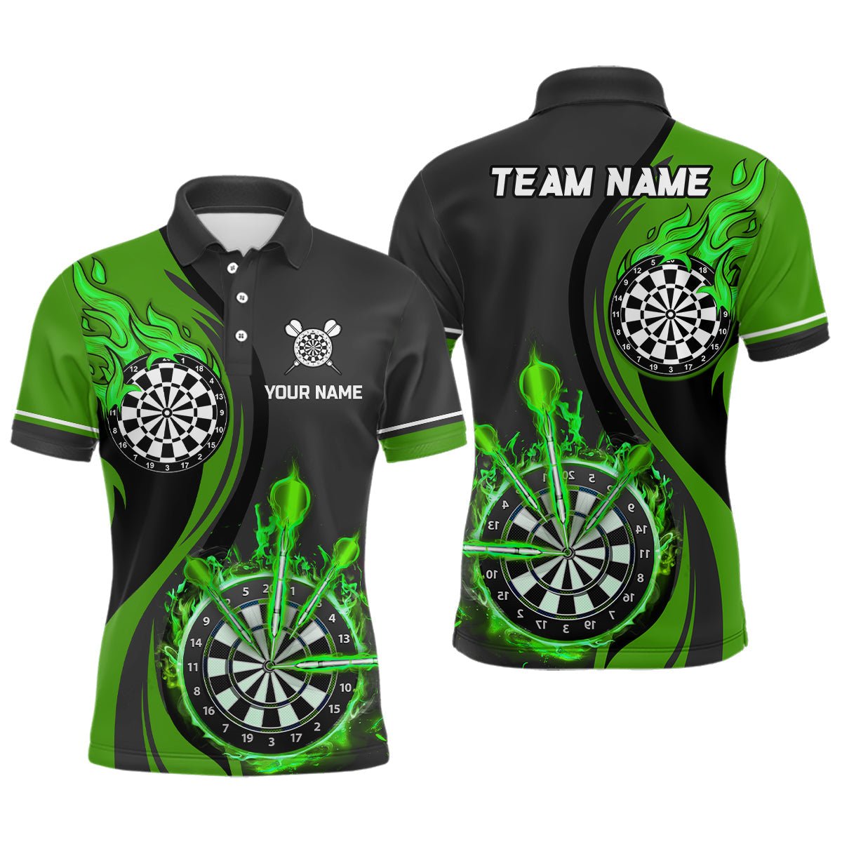 Grünes Feuerflammen Herren Darts Polo Shirt | Maßgeschneiderte Dartshirts für Männer | Dart Trikots L1476 - Outfitsuche