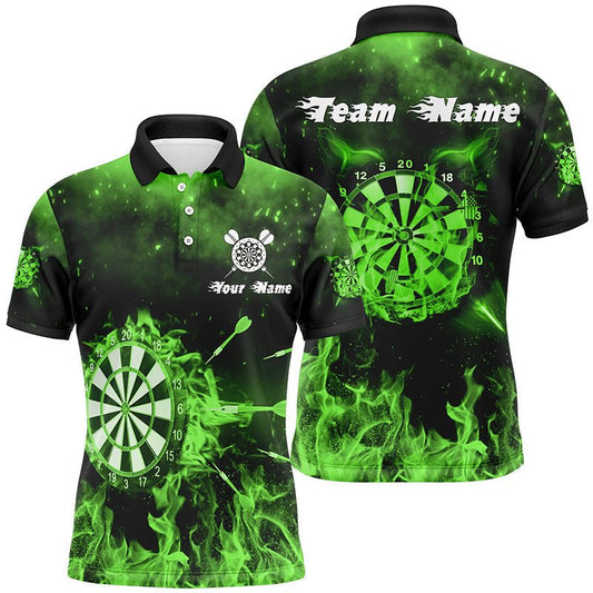 Grünes Feuerflammen-Personalisierter Herren-Darts-Poloshirt | Individuelles Darts-Shirt für Männer | Dart-Trikot L1378 - Outfitsuche