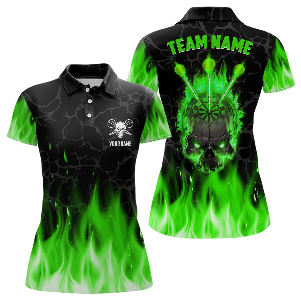 Grünes Flammen-Schädel Damen Darts Polo Shirt | Personalisiertes Gruseliges Darts Shirt für Frauen | Dart Trikot | L1423 - Outfitsuche