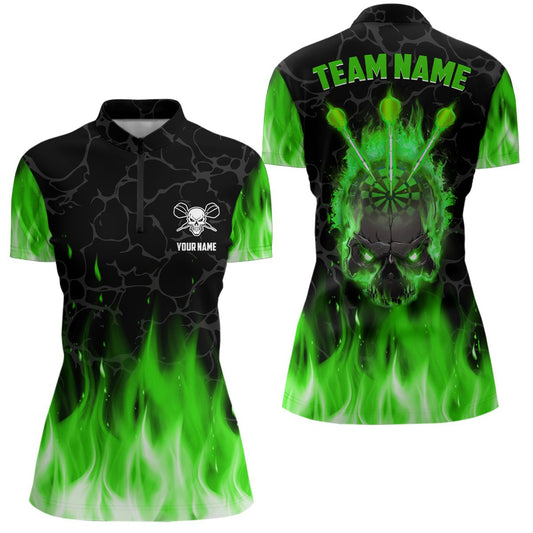 Grünes Flammen-Schädel-Darts-Viertelreißverschluss-Shirt | Personalisiertes Gruseliges Darts-Shirt für Damen | Dart-Trikots L1423 - Outfitsuche