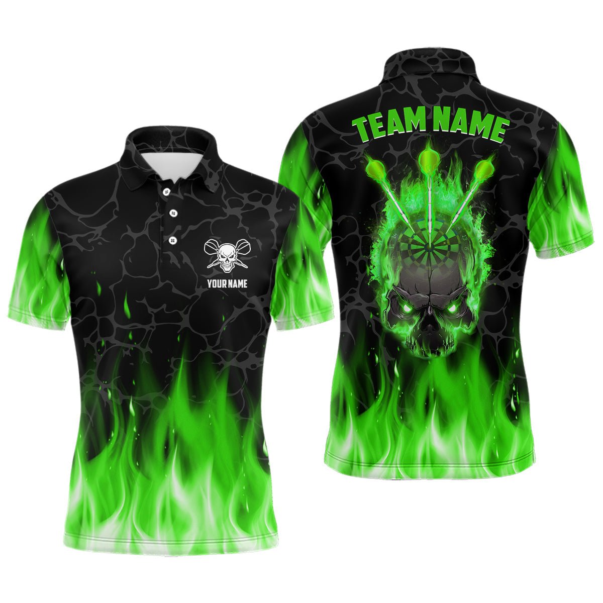 Grünes Flammen-Schädel Herren Darts Polo Shirt | Individuelles Gruseliges Darts Shirt für Männer | Dart Trikots | L1423 - Outfitsuche