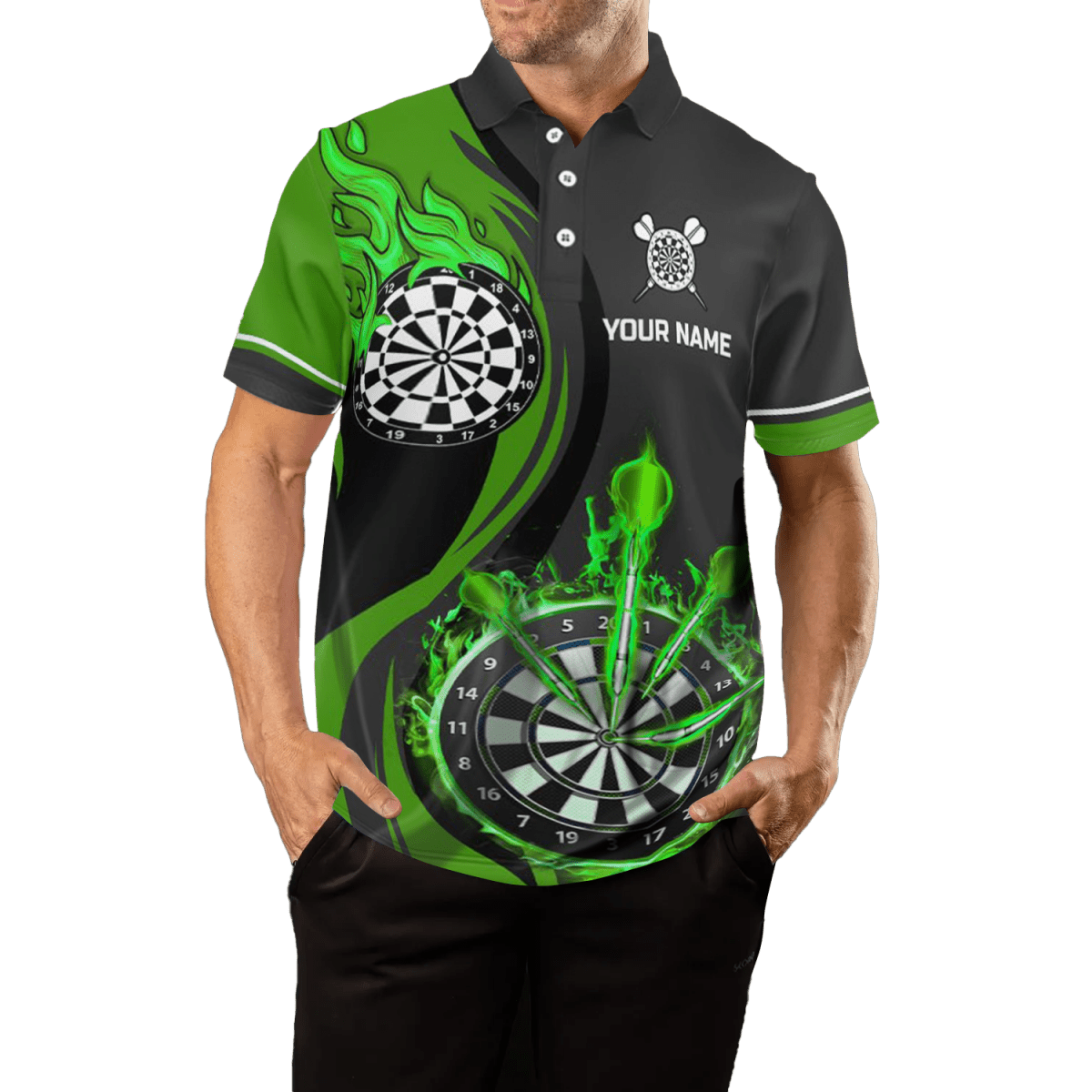 Grünes Herren Dart Polo Shirt | Feuerflammen Design | Dart Trikot L1476 - Outfitsuche