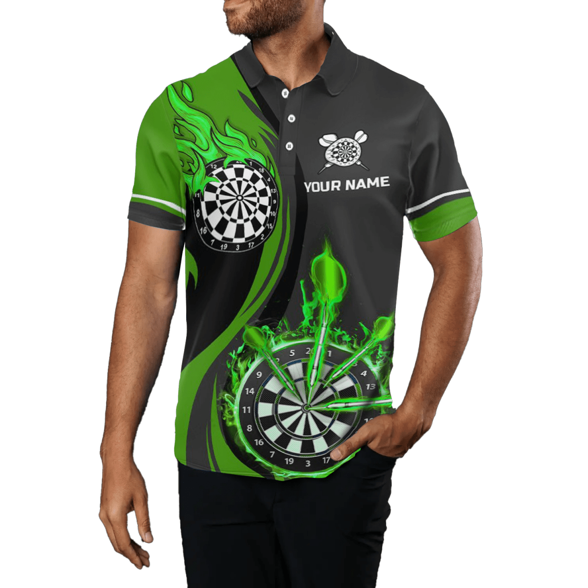 Grünes Herren Dart Polo Shirt | Feuerflammen Design | Dart Trikot L1476 - Outfitsuche