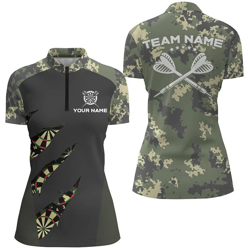 Grünes Tarnmuster Dart-Shirt mit 1/4 Reißverschluss, individuell anpassbares Tarnmuster Dart-Team-Trikot für Frauen C582 - Outfitsuche