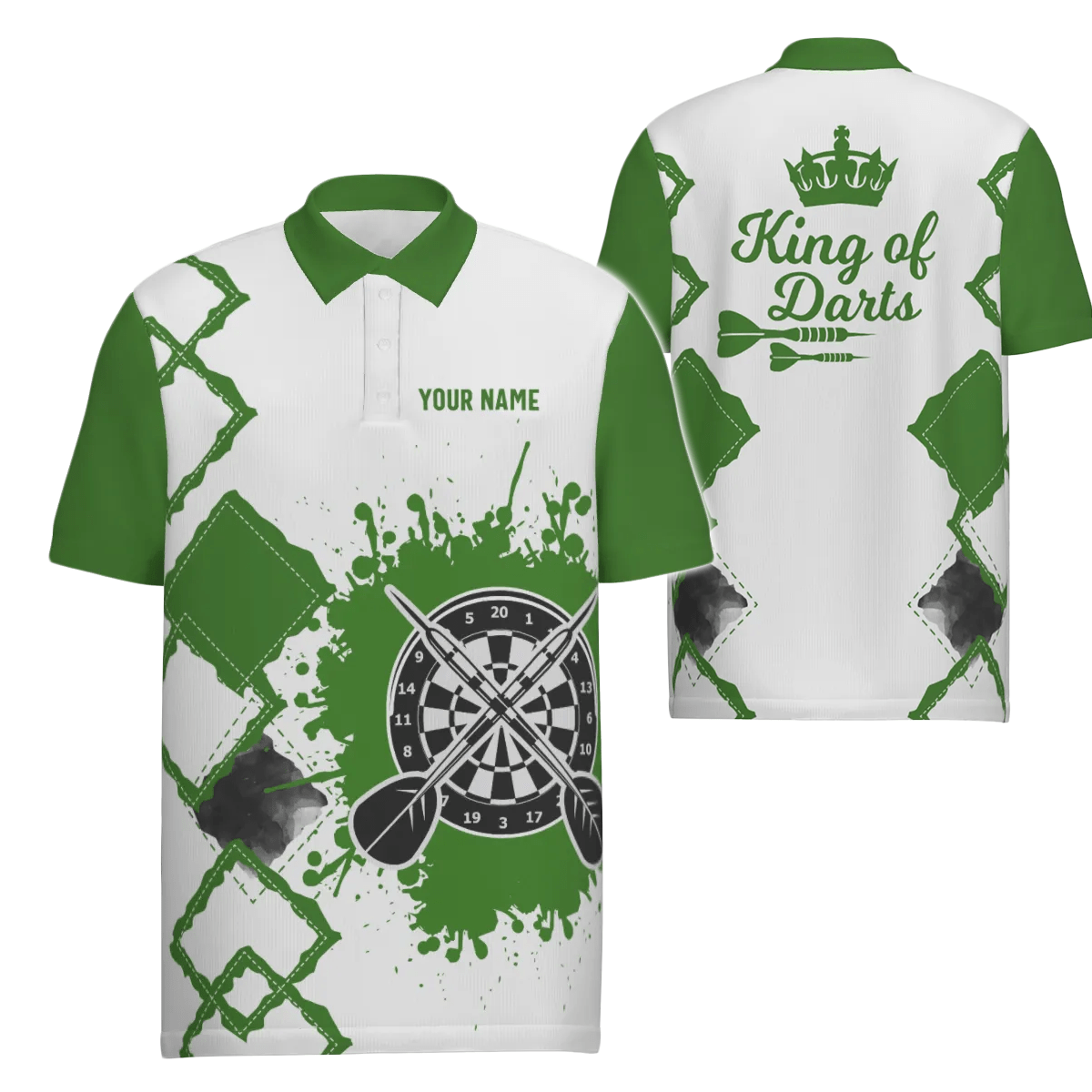 Grünes und weißes Herren Darts Polo Shirt, individuell anpassbares cooles Darts Trikot für Männer - König der Darts W936 - Outfitsuche