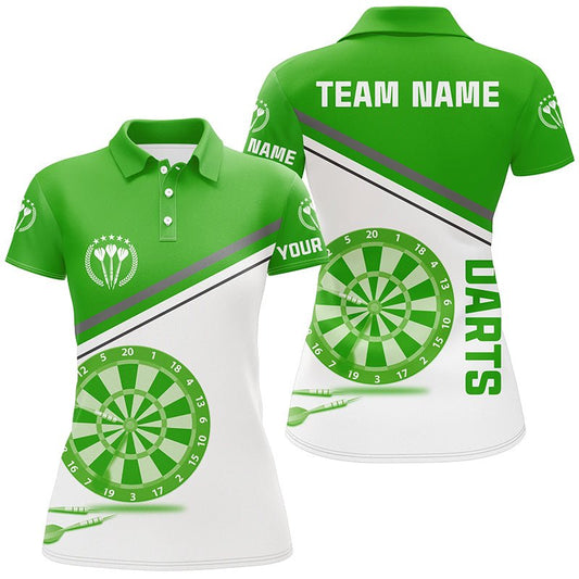 Grünes weißes Damen-Darts-Poloshirt mit individuellem Namen | Personalisiertes Darts-Shirt für Frauen | Dart-Trikot L1298 - Outfitsuche