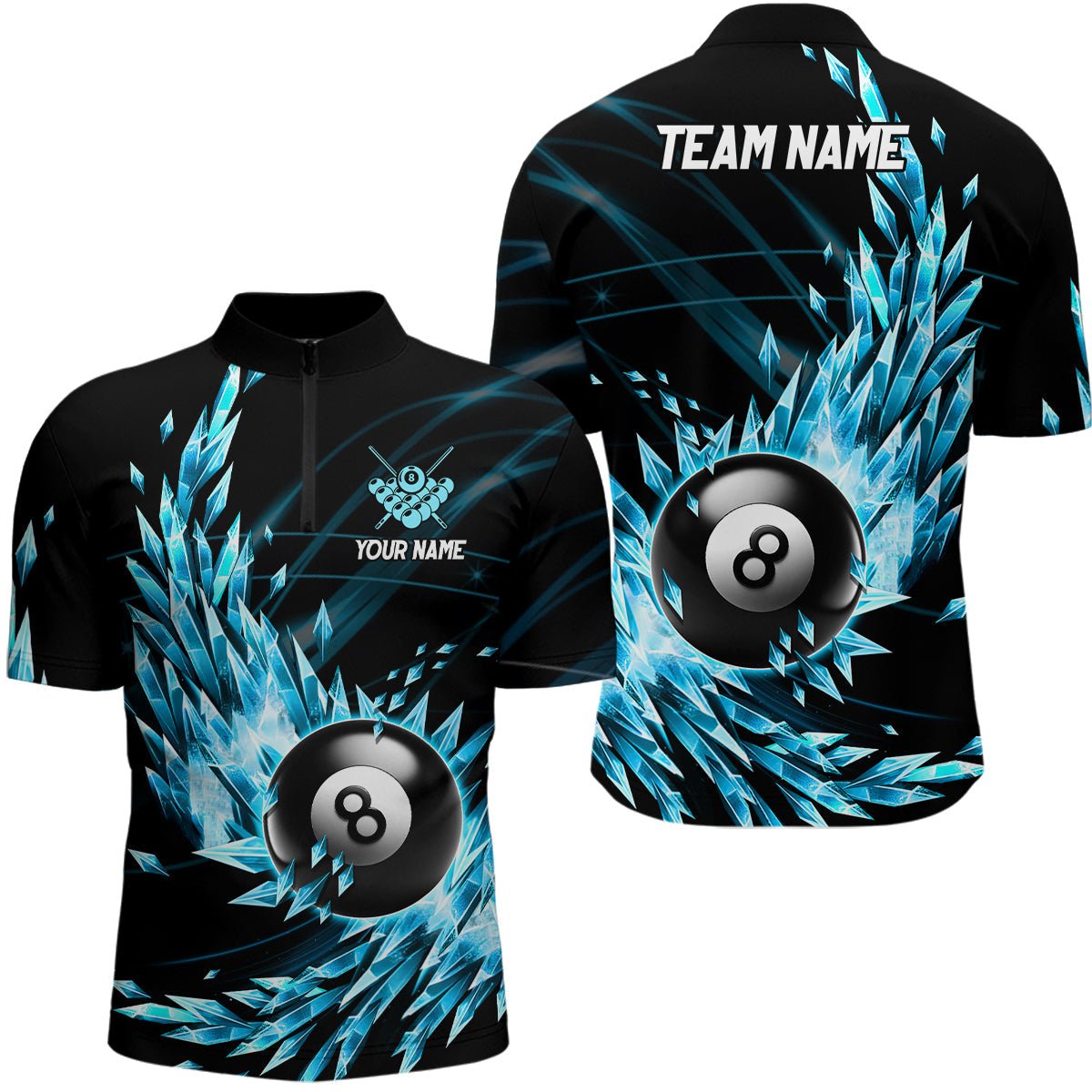Herren 3D Blau Gefrorene Eis 8-Ball Billard Quarter-Zip Shirt T1119