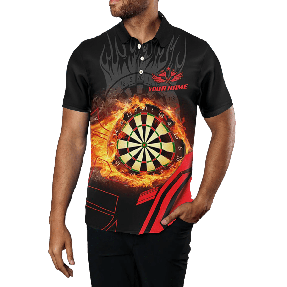 Herren 3D Feuer Flamme Rotes Dartboard Polo Shirt - Individuelles Dartspieler Geschenk T1276 - Outfitsuche