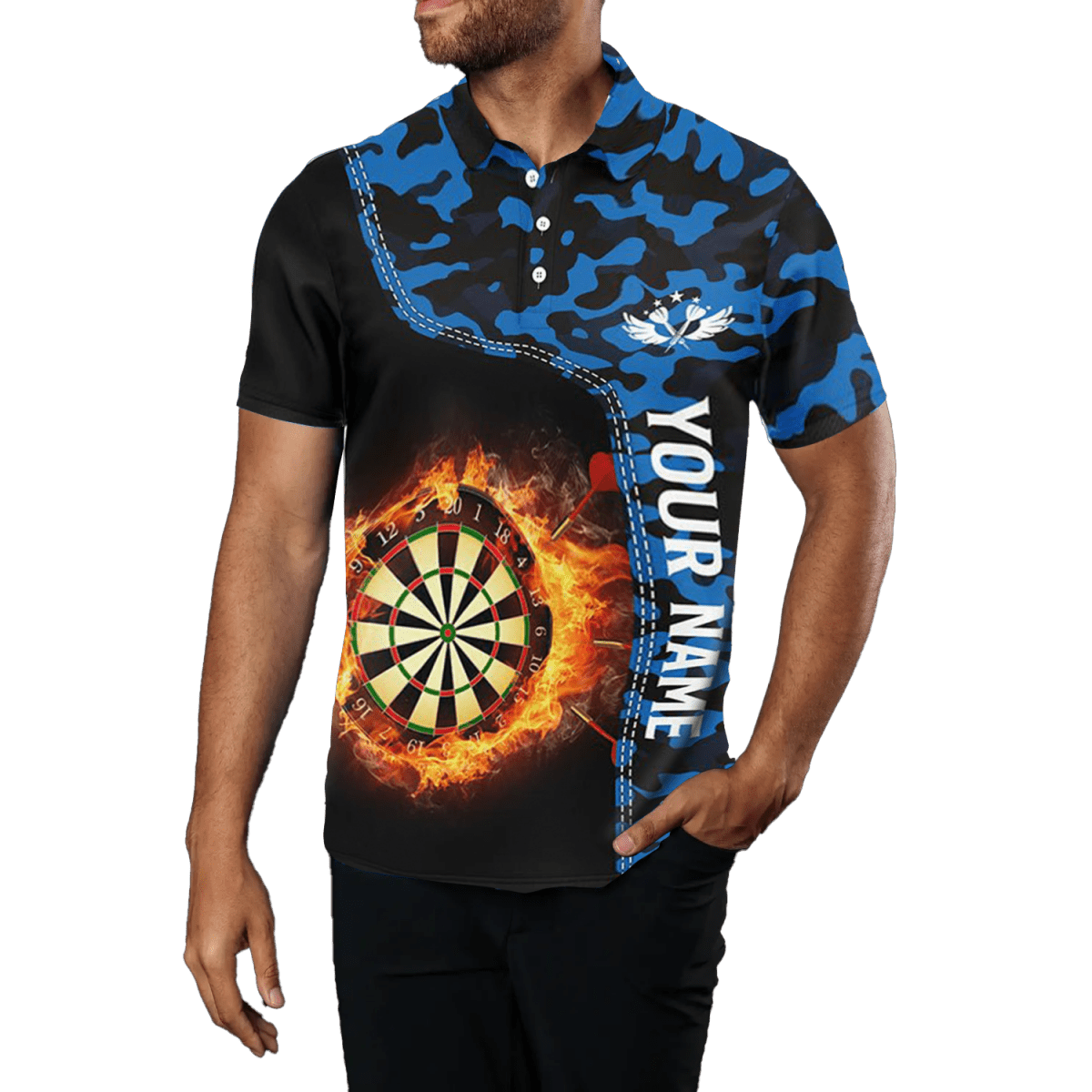 Herren Blue Camo Flame Darts Polo Shirt L1238 - Outfitsuche