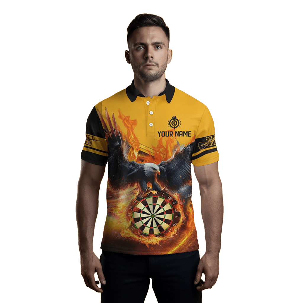 Herren Custom Darts Polo Shirt - 3D Adler auf Dart Board Feuer - Gelb T1293 - Outfitsuche