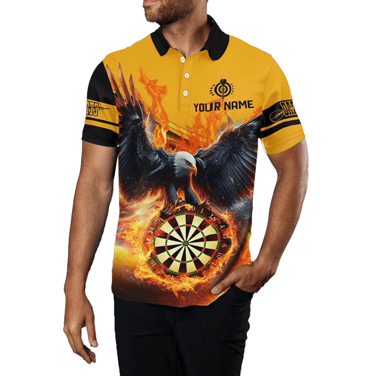 Herren Custom Darts Polo Shirt - 3D Adler auf Dart Board Feuer - Gelb T1293 - Outfitsuche