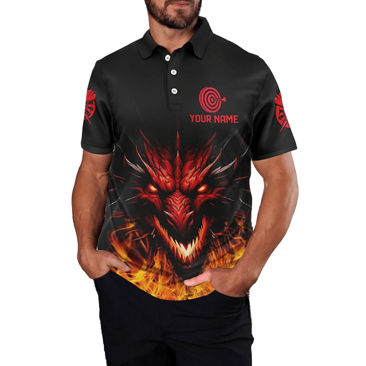 Herren Custom Drachen Darts Polo - Shirt - Schwarz/Rot T1451 - Outfitsuche