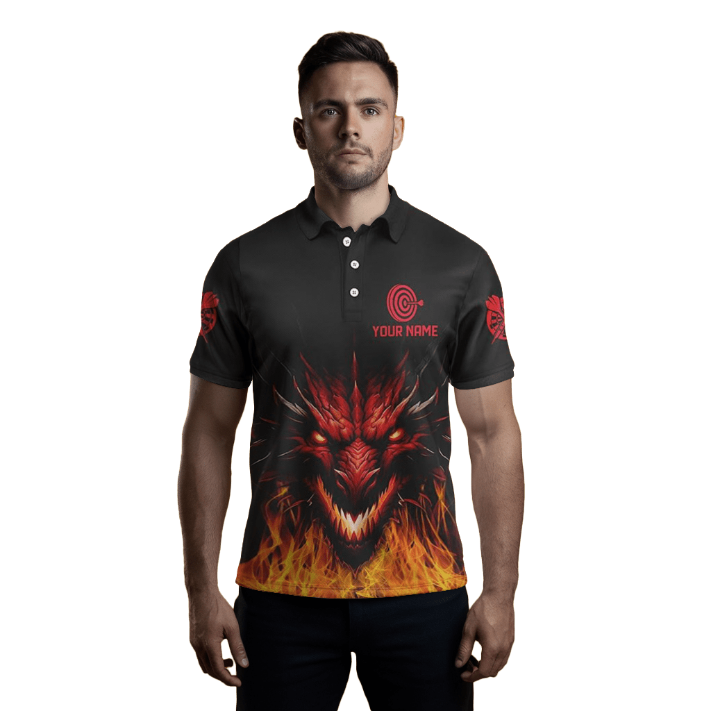 Herren Custom Drachen Darts Polo - Shirt - Schwarz/Rot T1451 - Outfitsuche