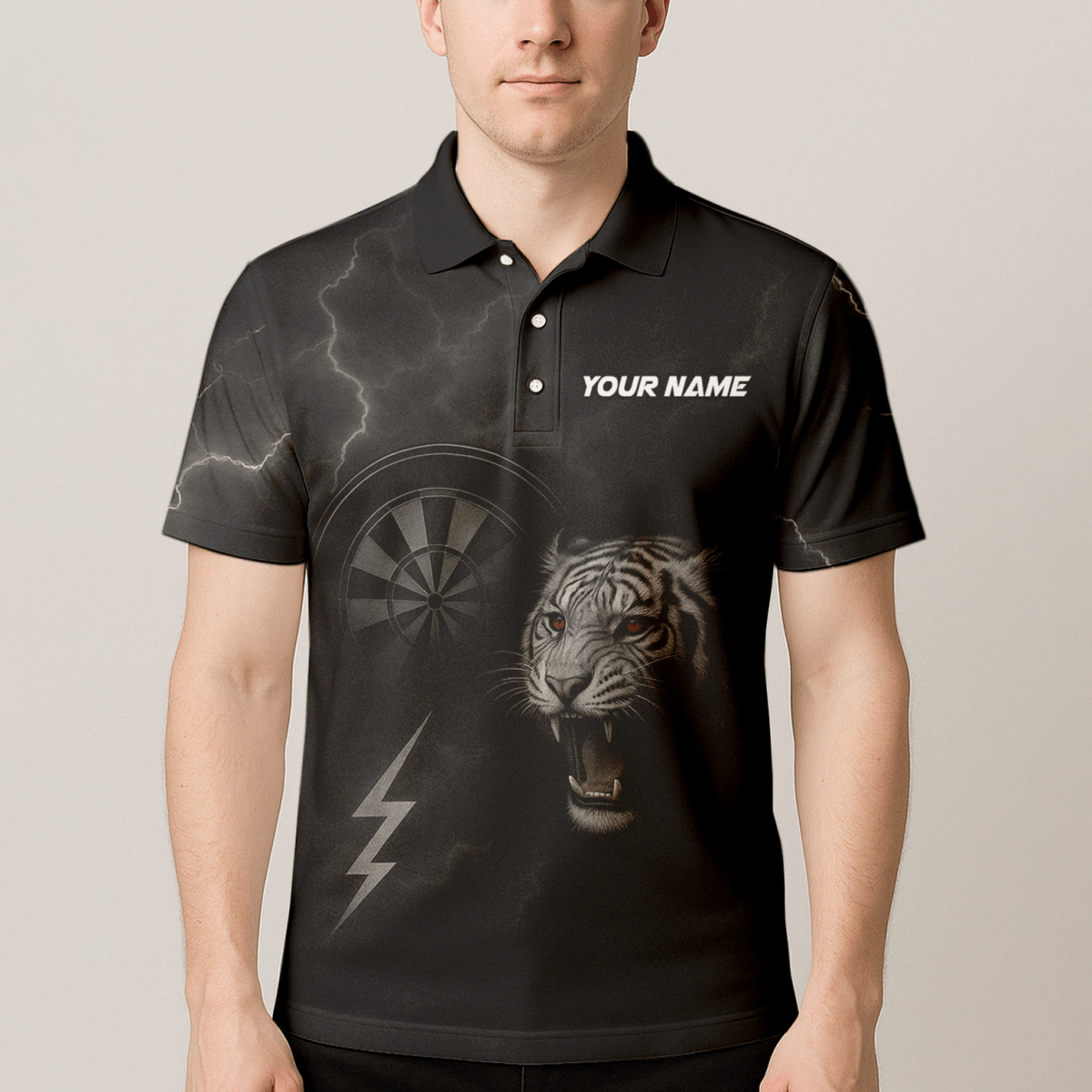 Herren Dart - Jersey Poloshirt - Individuell: Brüllender Tiger Blitz Rote Augen - Schwarz K4273 - Outfitsuche