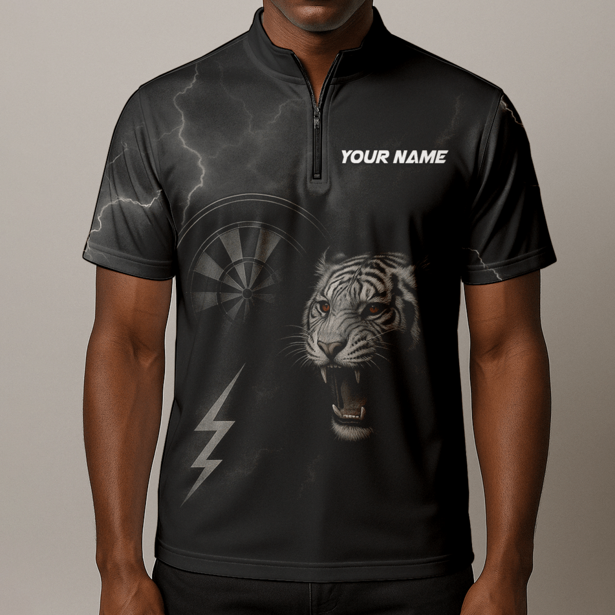 Herren Dart - Jersey Poloshirt - Individuell: Brüllender Tiger Blitz Rote Augen - Schwarz K4273 - Outfitsuche