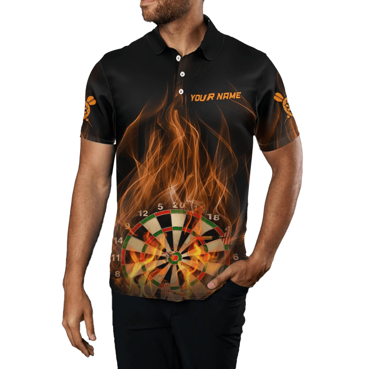 Herren Dart Polo Shirt mit Feuerflammen Dartboard, Schwarz - rot, Dart Trikot V359 - Outfitsuche