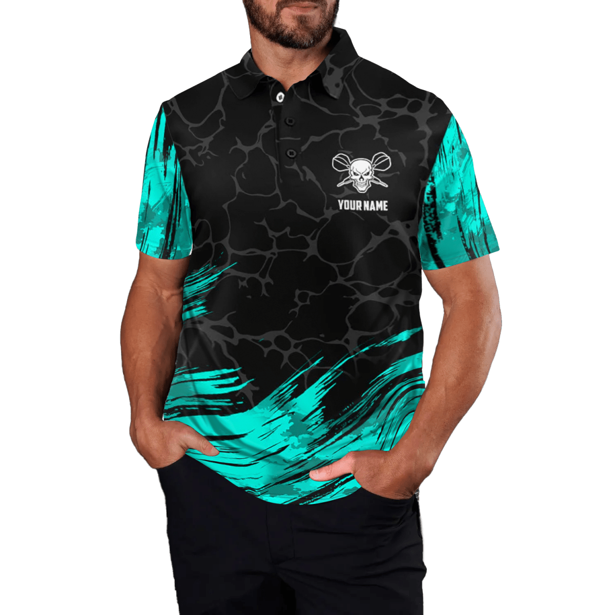 Herren Dart - Polo - Shirt mit Totenkopf - Motiv in Türkis/Schwarz F916 - Outfitsuche