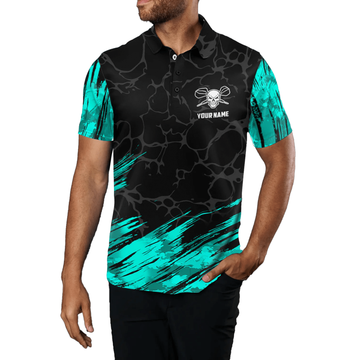 Herren Dart Polo - Shirt mit Totenkopf - Motiv, Türkis/Schwarz, F916 A529 F916 - Outfitsuche