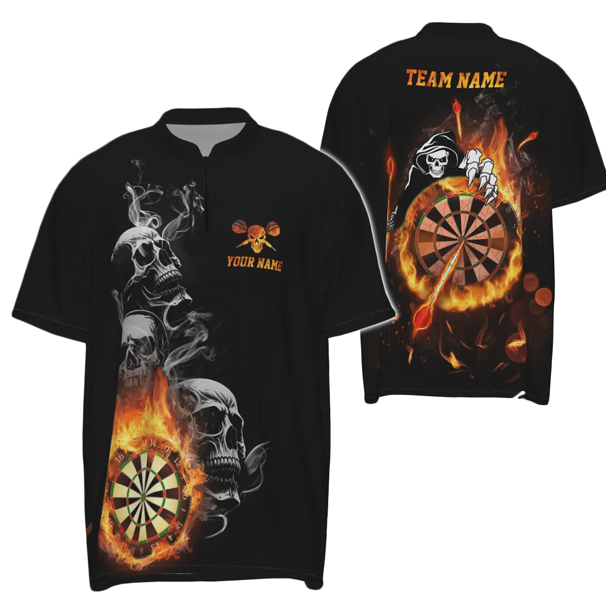 Herren Dart-Shirt mit Totenkopf-Flammenmotiv, individuell anpassbares Dart-Trikot mit Feuerdesign R847 zip - Outfitsuche