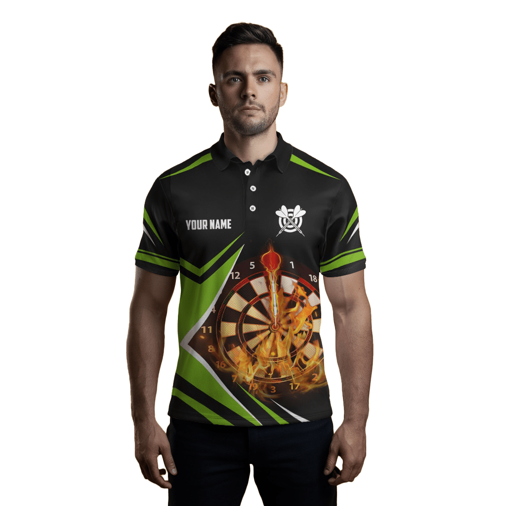 Herren Dartpoloshirt - Schwarz/Grün - Feuerflammen Design L1389 - Outfitsuche