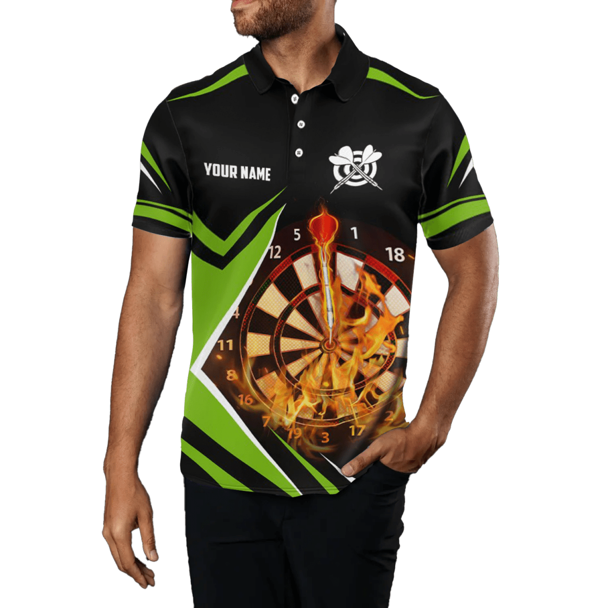 Herren Dartpoloshirt - Schwarz/Grün - Feuerflammen Design L1389 - Outfitsuche