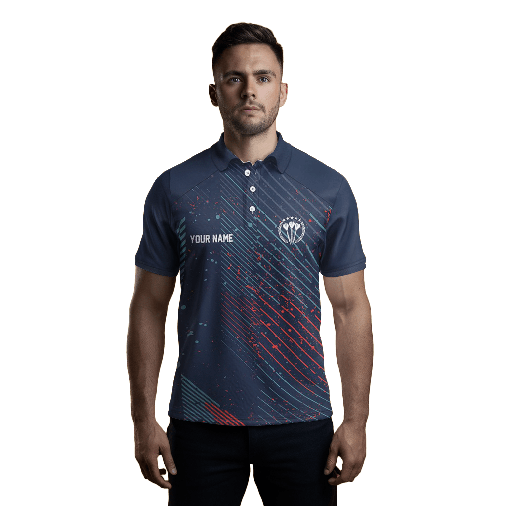 Herren Darts Polo Shirt, blau/rot, geometrisches Muster, Navy Trikot C806 - Outfitsuche