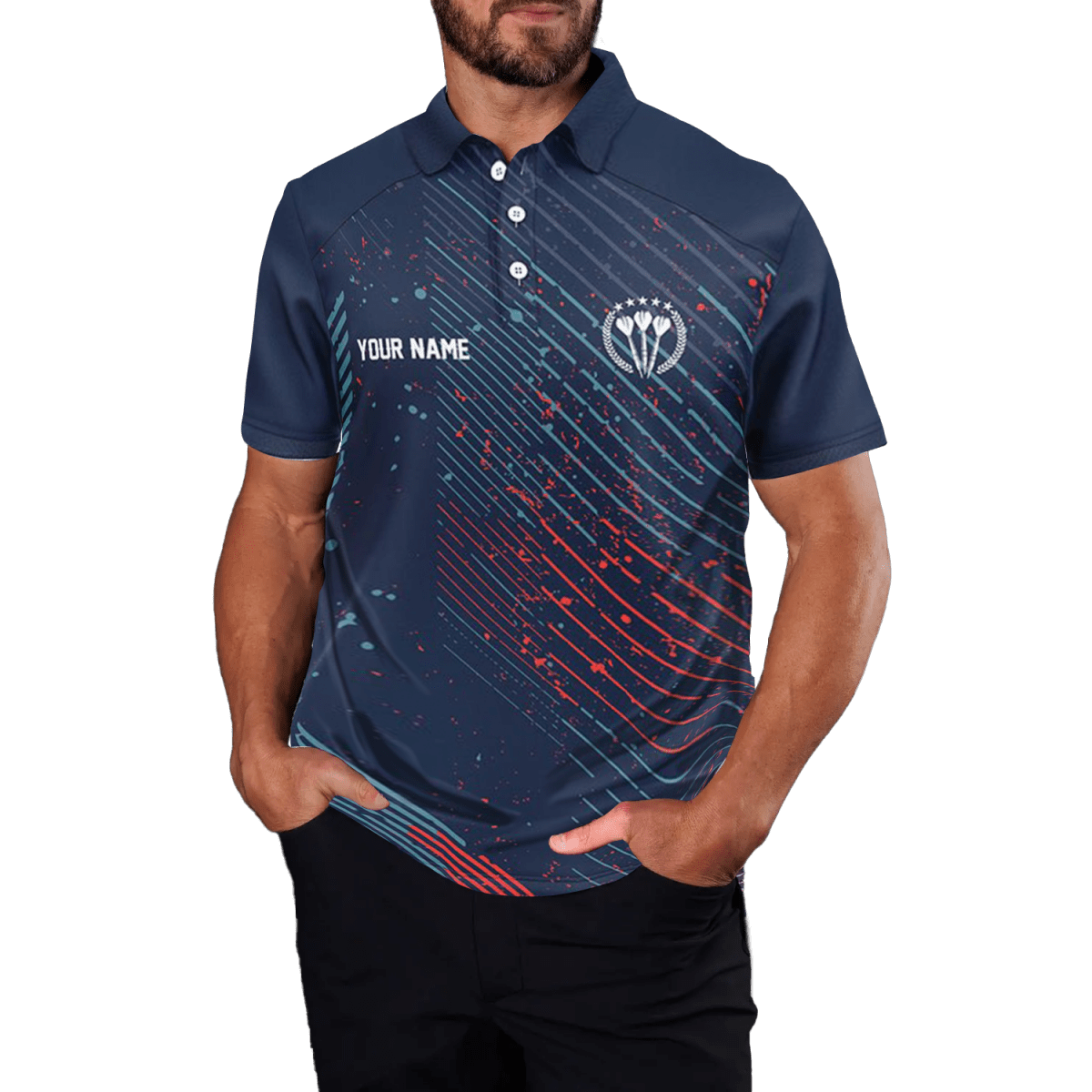 Herren Darts Polo Shirt, blau/rot, geometrisches Muster, Navy Trikot C806 - Outfitsuche