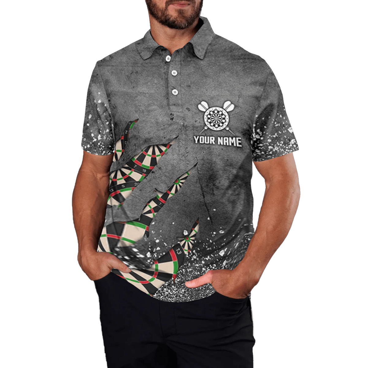 Herren Darts Polo Shirt, grau mit Farbspritzern, Team Dart Trikot X763 - Outfitsuche