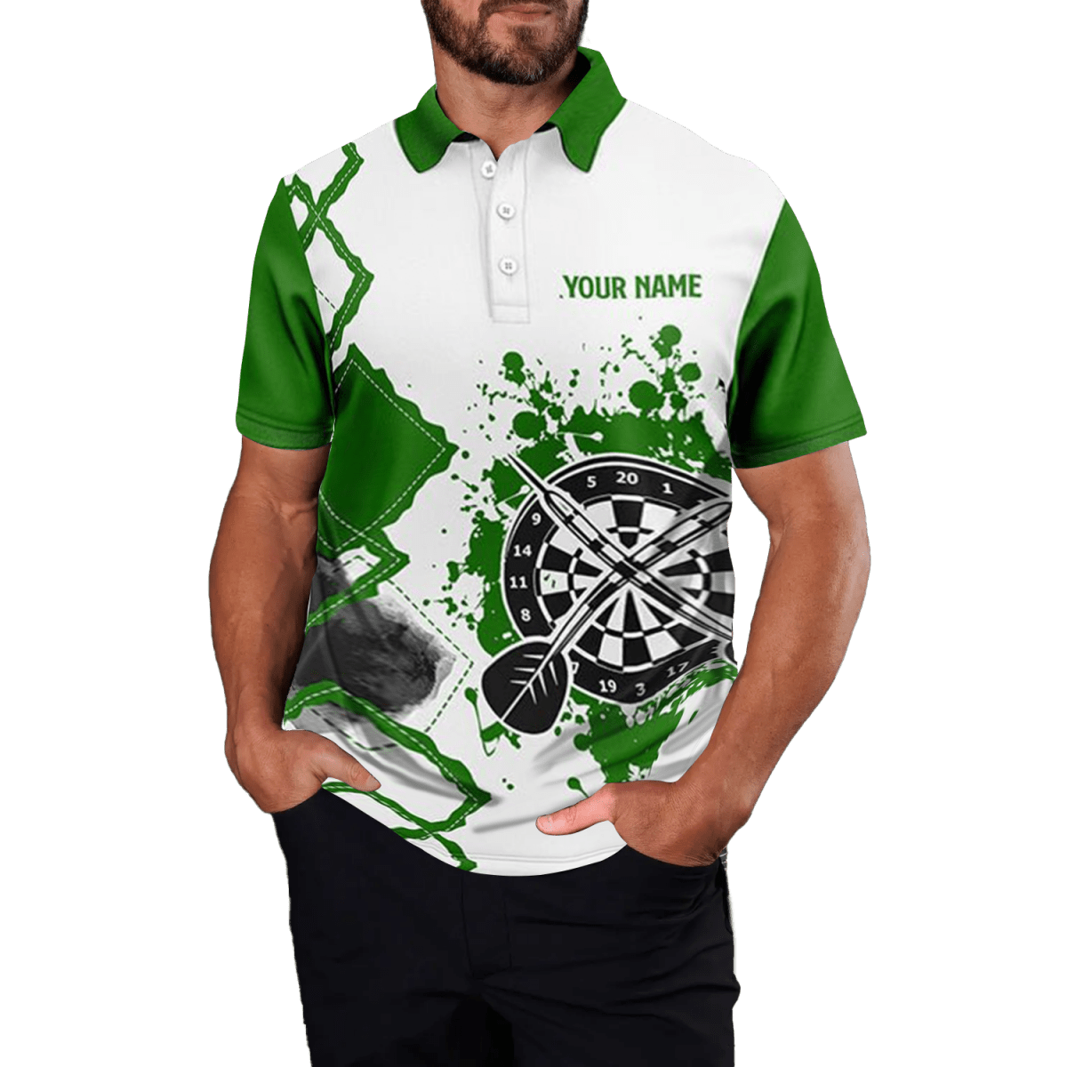 Herren Darts Polo Shirt, grün - weiß, König der Darts W936 - Outfitsuche