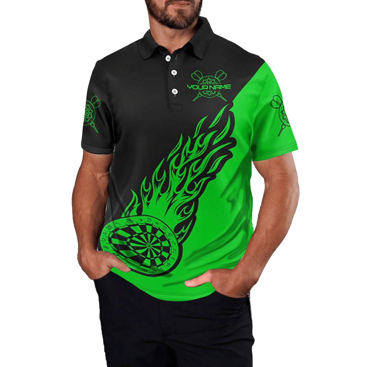 Herren Darts Polo Shirt - Grüne Schwarze Flamme - Dart Trikot L1343 - Outfitsuche