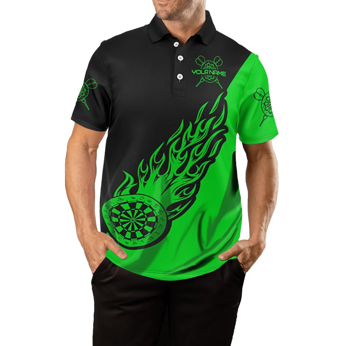 Herren Darts Polo Shirt - Grüne Schwarze Flamme - Dart Trikot L1343 - Outfitsuche