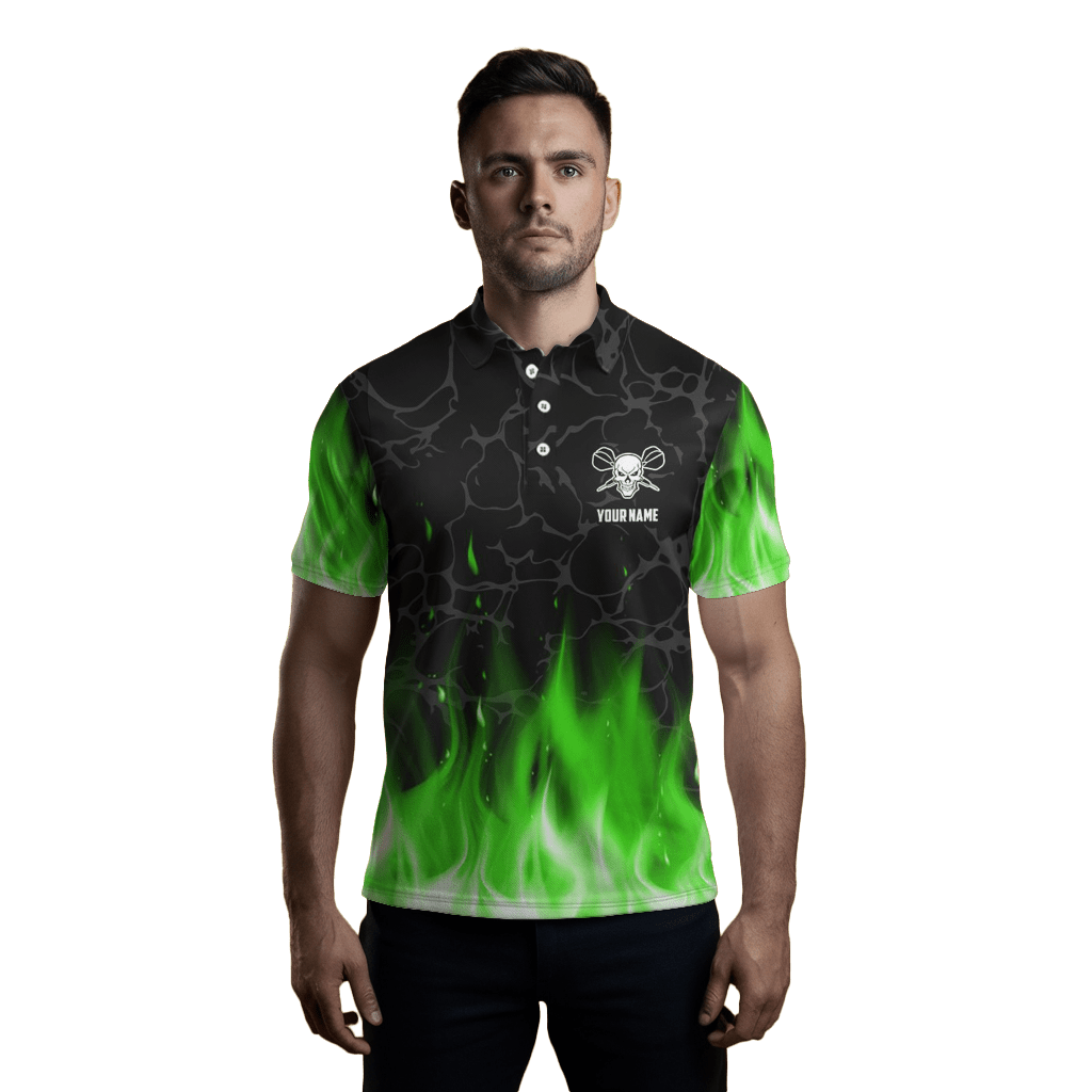 Herren Darts Polo Shirt - Grüner Flammen - Schädel | Gruselig | Dart Trikot L1423 - Outfitsuche