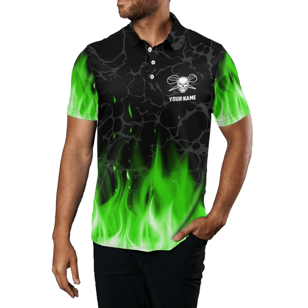 Herren Darts Polo Shirt - Grüner Flammen - Schädel | Gruselig | Dart Trikot L1423 - Outfitsuche