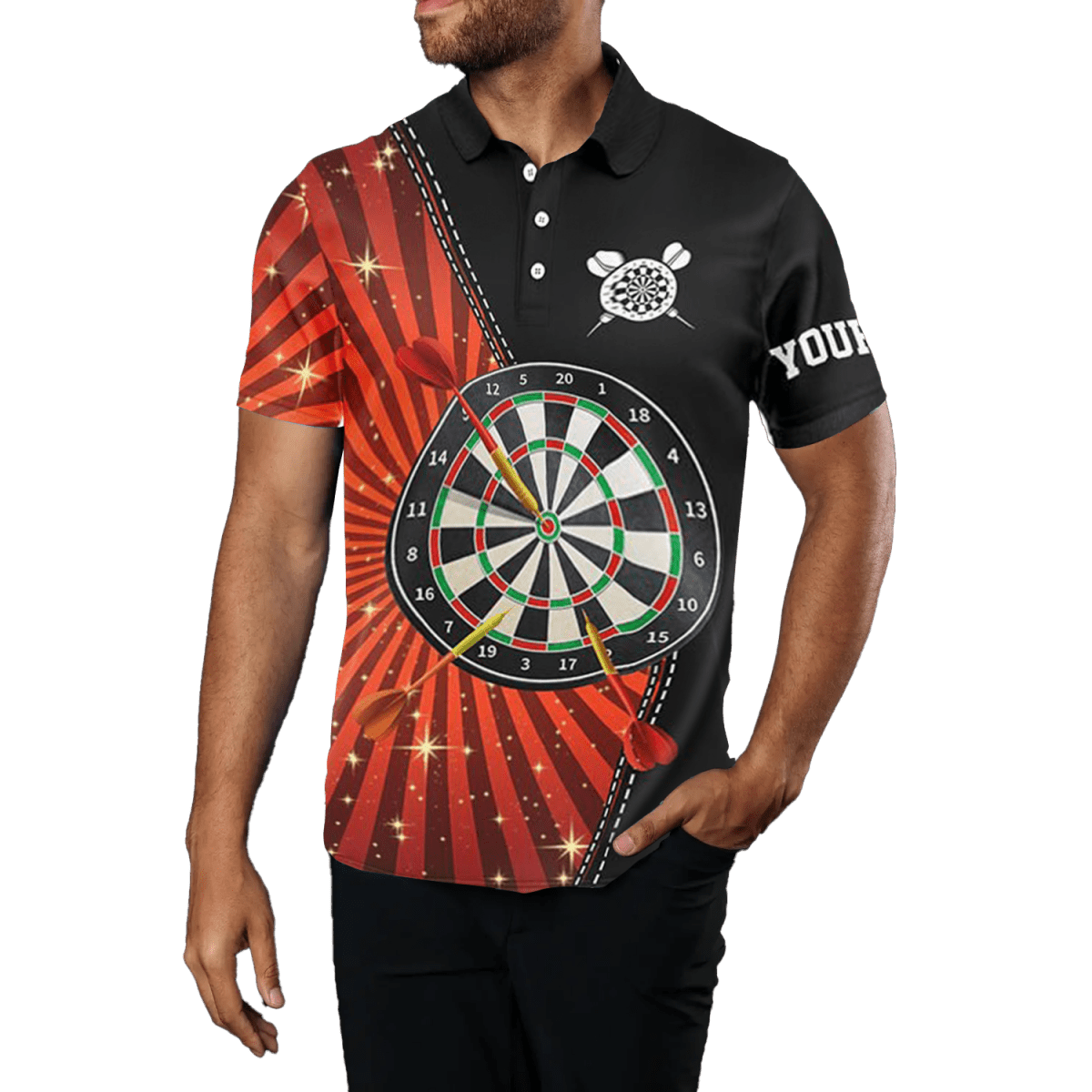 Herren Darts Polo Shirt in Schwarz mit Orangenem Halo, cooles Dart Trikot E177 - Outfitsuche